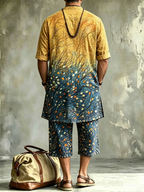 2026 New Men's Loose Plus-Size Abstract Print Stand-Collar Long Shirt & Cropped Pants Two-Piece Set