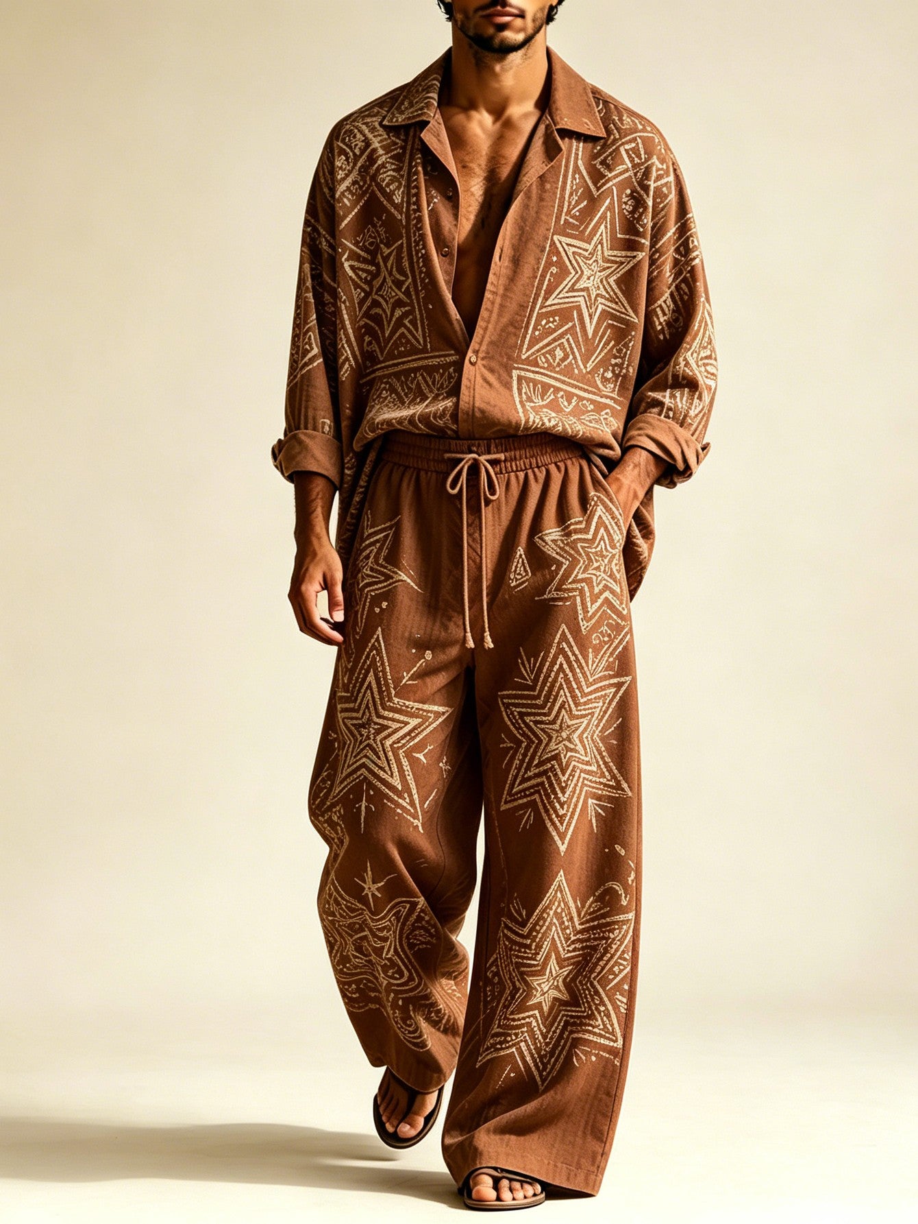 2026 New Men's Casual Printed Long-Sleeve Shirt and Pants Two-Piece Set