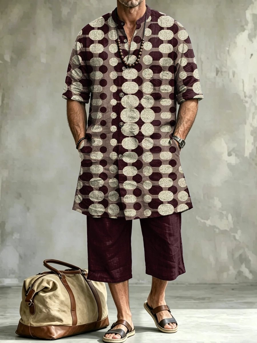 2026 New Men's Loose Plus-Size Abstract Print Stand-Collar Long Shirt & Cropped Pants Two-Piece Set