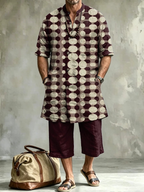 2026 New Men's Loose Plus-Size Abstract Print Stand-Collar Long Shirt & Cropped Pants Two-Piece Set