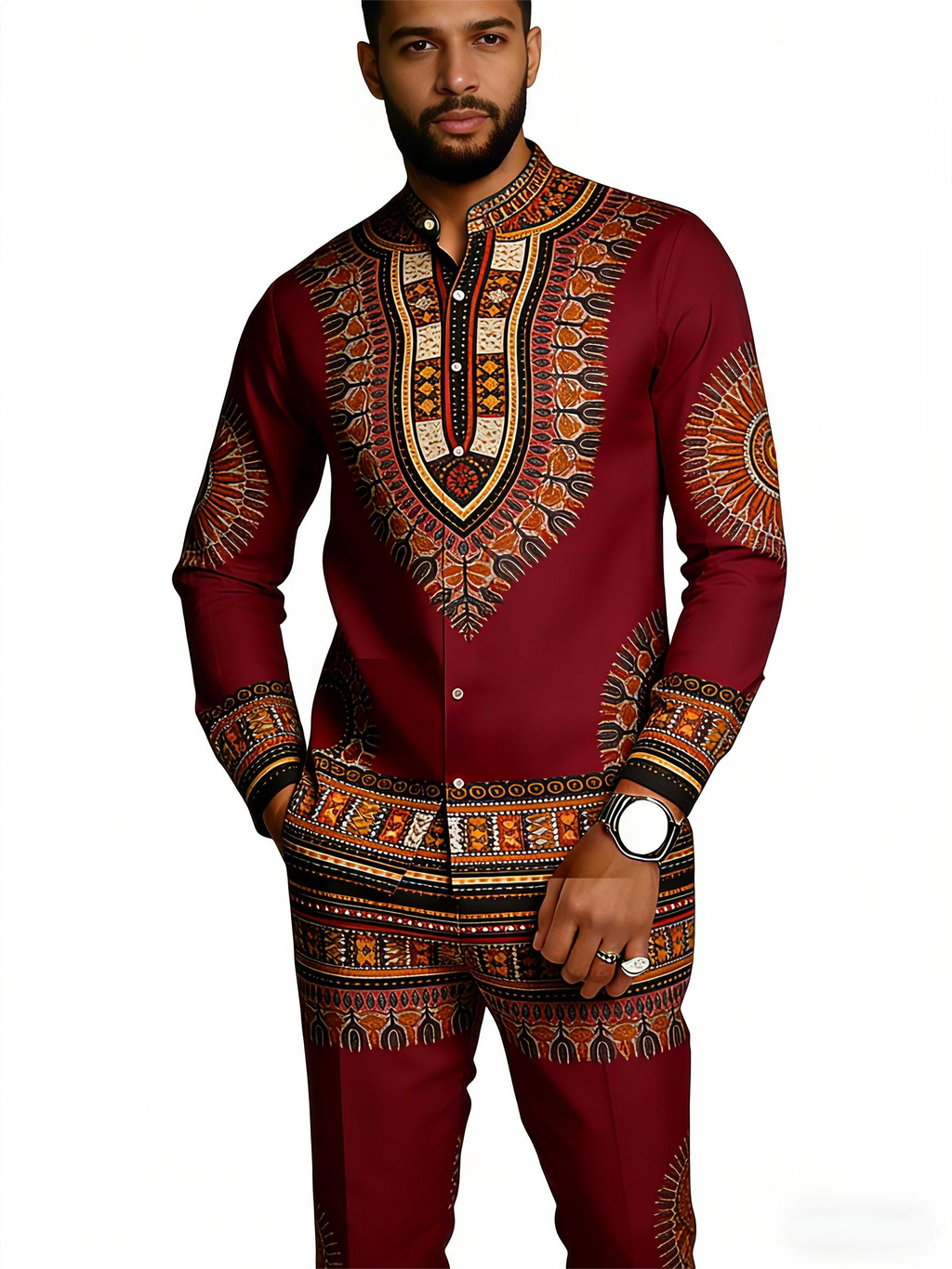 Men's Dashiki-Inspired Geometric Print Long Sleeve Shirt & Pants Set