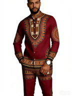 Men's Dashiki-Inspired Geometric Print Long Sleeve Shirt & Pants Set