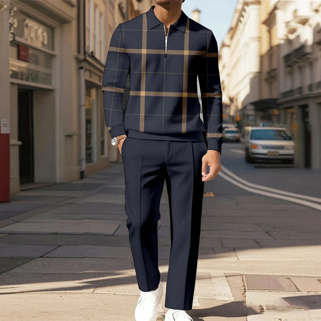 Men's two-piece set featuring a long-sleeved top with a half-zip Polo collar and matching trousers, characterized by an irregular pattern and a casual style.