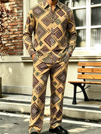 Men's Collared Long-Sleeve Shirt and Pants Two-Piece Set – Floral Print