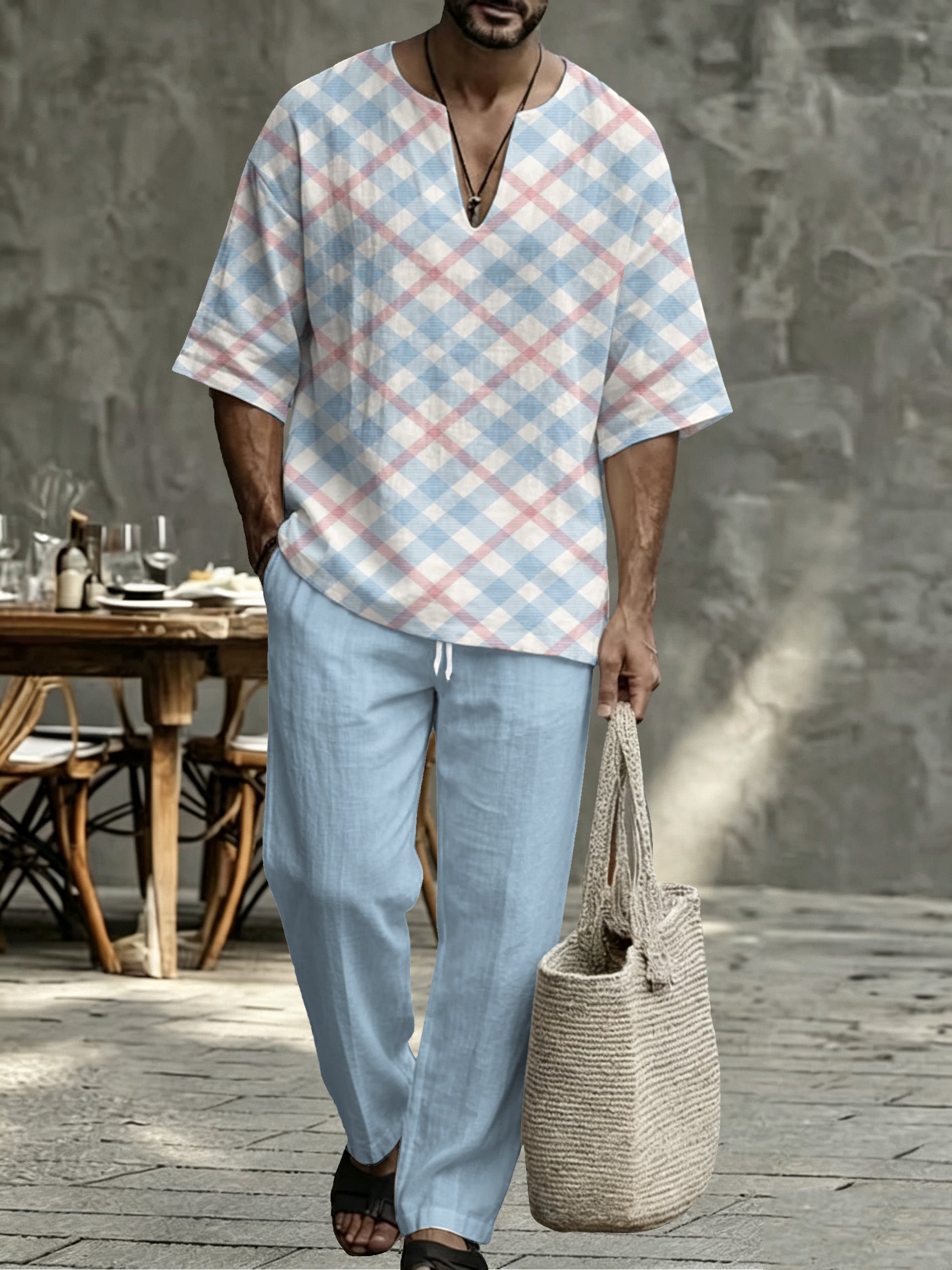 Men’s Plaid V Neck Two Piece Set - Casual Short Sleeve Shirt & Drawstring Pants