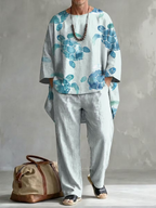 New Men's Spring/Autumn Two-Piece Set: Casual Crew-Neck Top with Abstract Colorful Print and Folded Sleeves—Perfect for Leisure and Vacation.
