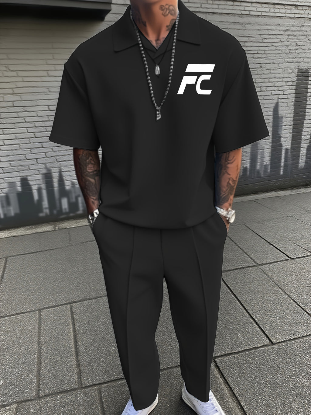New Men's Summer Casual Two-Piece Set: Short-Sleeve Top & Trousers (Polo Style with Small V-Neck Collar)