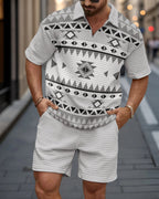 New Summer Men's 2-Piece Set: Zippered Polo Collar Short-Sleeve Top & Shorts – Color-Block Design with 3D Small-Check Texture (Euro-American Style)