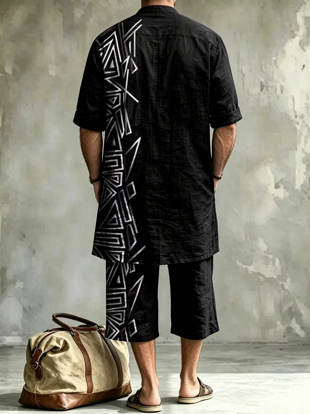 2026 New Men's Loose Plus-Size Abstract Print Stand-Collar Long Shirt & Cropped Pants Two-Piece Set