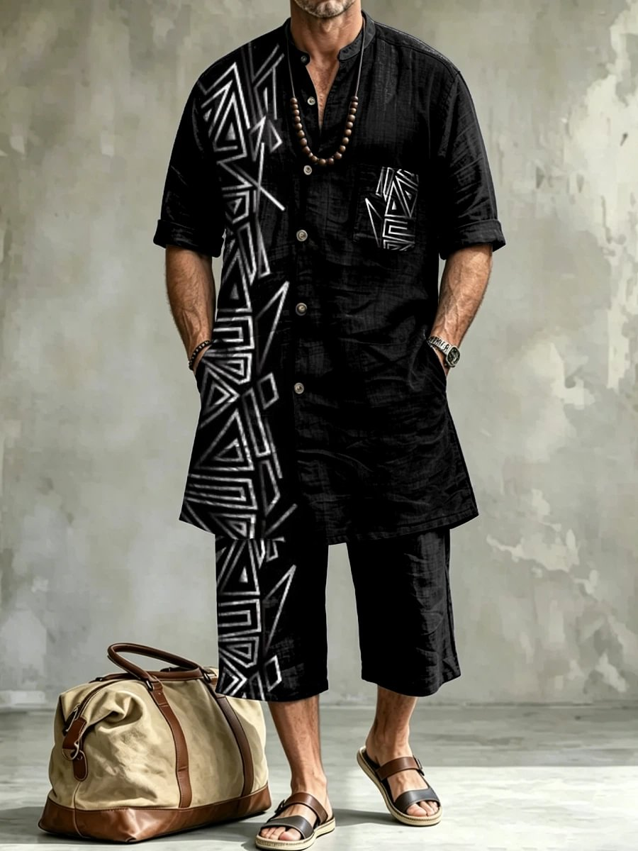 2026 New Men's Loose Plus-Size Abstract Print Stand-Collar Long Shirt & Cropped Pants Two-Piece Set