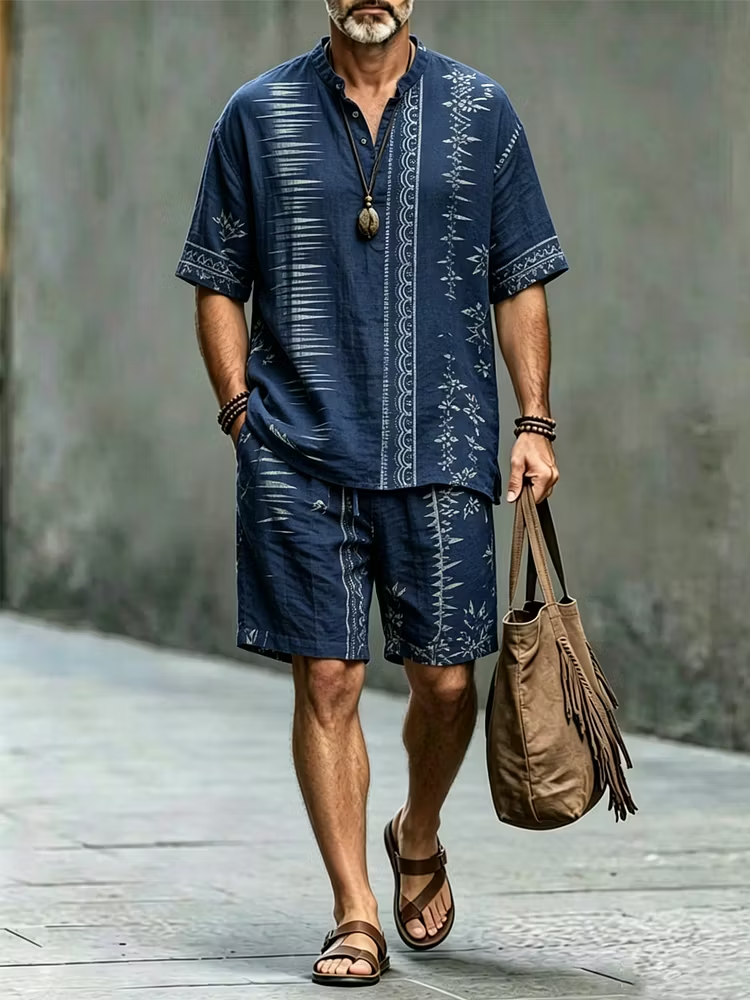 Men's Black Tribal Print Button Shirt & Shorts Set - Casual Summer Outfit