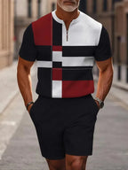 Men's two-piece set featuring a short-sleeved, half-zip polo top with a small stand-up collar and printed pattern, paired with shorts.
