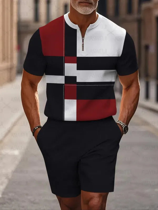 Men's two-piece set featuring a short-sleeved, half-zip polo top with a small stand-up collar and printed pattern, paired with shorts.