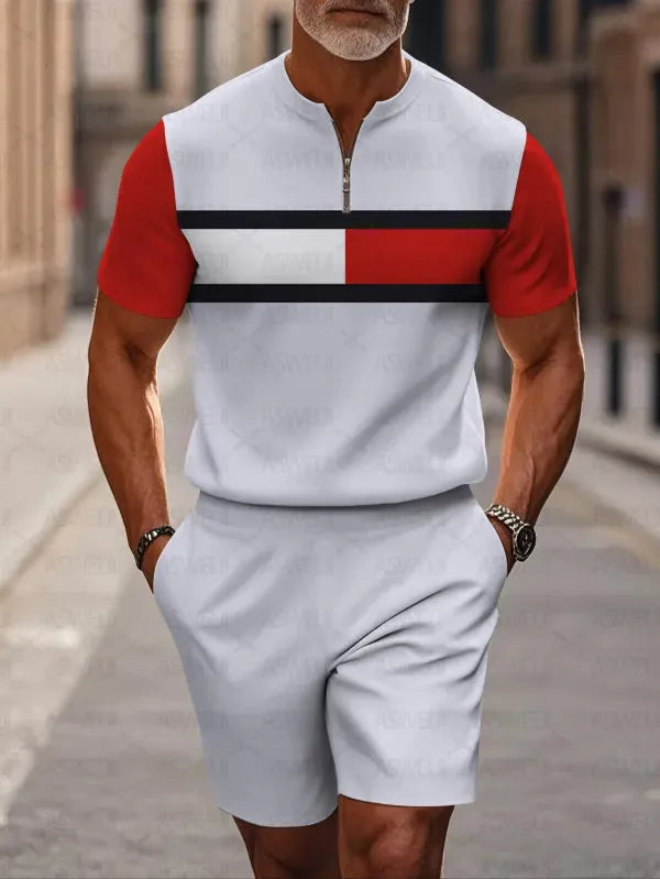 Men's two-piece set featuring a short-sleeved, half-zip polo top with a small stand-up collar and printed pattern, paired with shorts.