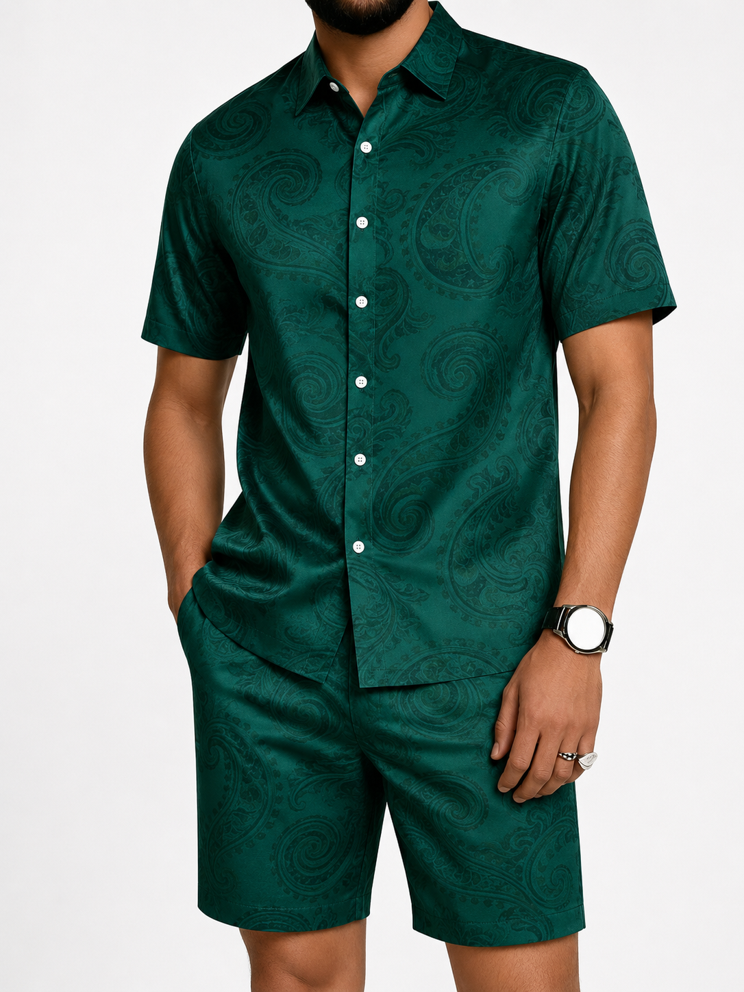 Men's Silver Paisley Short Sleeve Shirt & Shorts Set