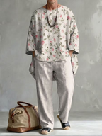 New Men's Spring/Autumn Two-Piece Set: Casual Crew-Neck Top with Abstract Colorful Print and Folded Sleeves—Perfect for Leisure and Vacation.