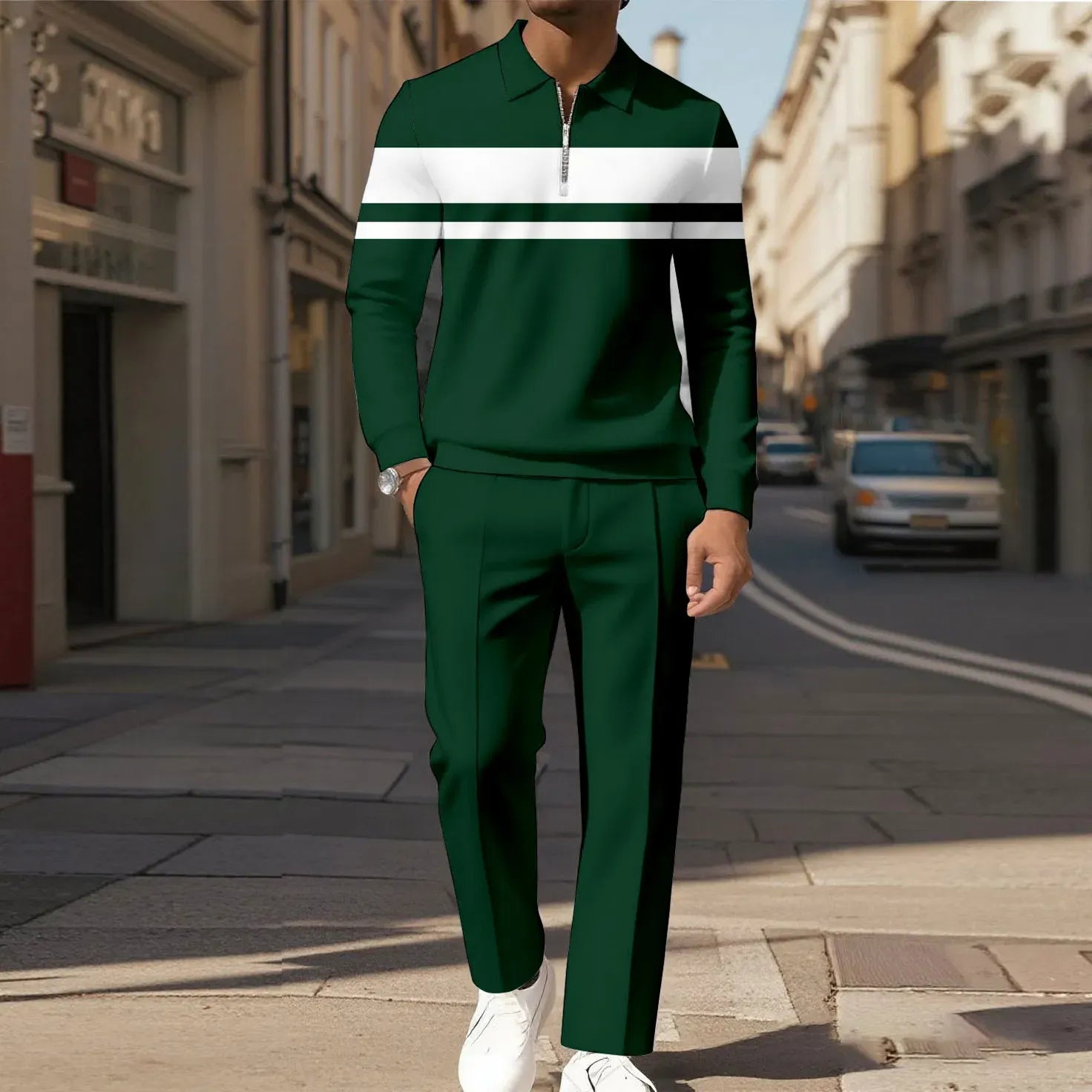 Men's two-piece set featuring a long-sleeved top with a half-zip Polo collar and matching trousers, characterized by an irregular pattern and a casual style.