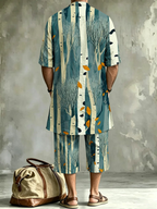 2026 New Men's Loose Plus-Size Abstract Print Stand-Collar Long Shirt & Cropped Pants Two-Piece Set