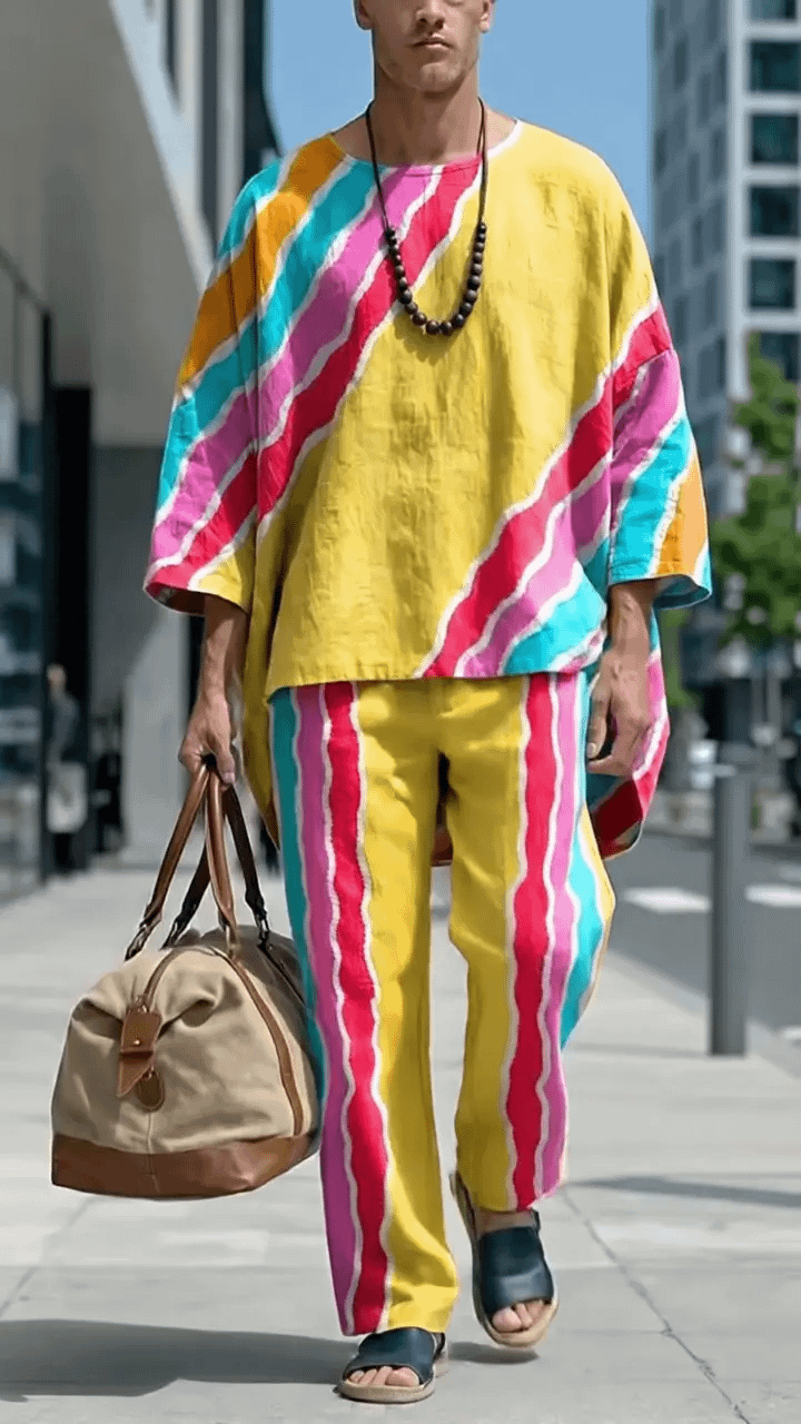 New Men's Spring/Autumn Two-Piece Set: Casual Crew-Neck Top with Abstract Colorful Print and Folded Sleeves—Perfect for Leisure and Vacation.