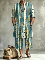 2026 New Men's Loose Plus-Size Abstract Print Stand-Collar Long Shirt & Cropped Pants Two-Piece Set