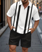 New Summer Men's 2-Piece Set: Zippered Polo Collar Short-Sleeve Top & Shorts – Color-Block Design with 3D Small-Check Texture (Euro-American Style)
