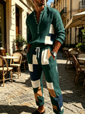 Two-piece set: Men's crew-neck shirt and casual trousers, stylish summer outfit featuring an intricate print pattern.