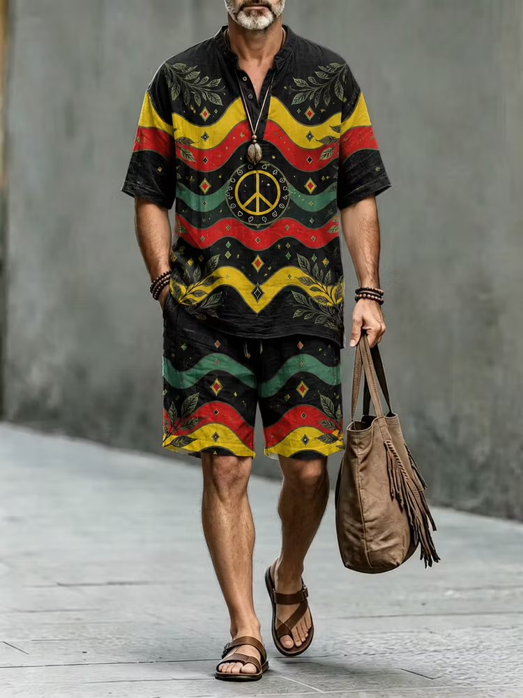Men's Black Tribal Print Button Shirt & Shorts Set - Casual Summer Outfit