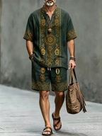 Men's Black Tribal Print Button Shirt & Shorts Set - Casual Summer Outfit