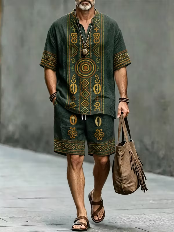 Men's Black Tribal Print Button Shirt & Shorts Set - Casual Summer Outfit