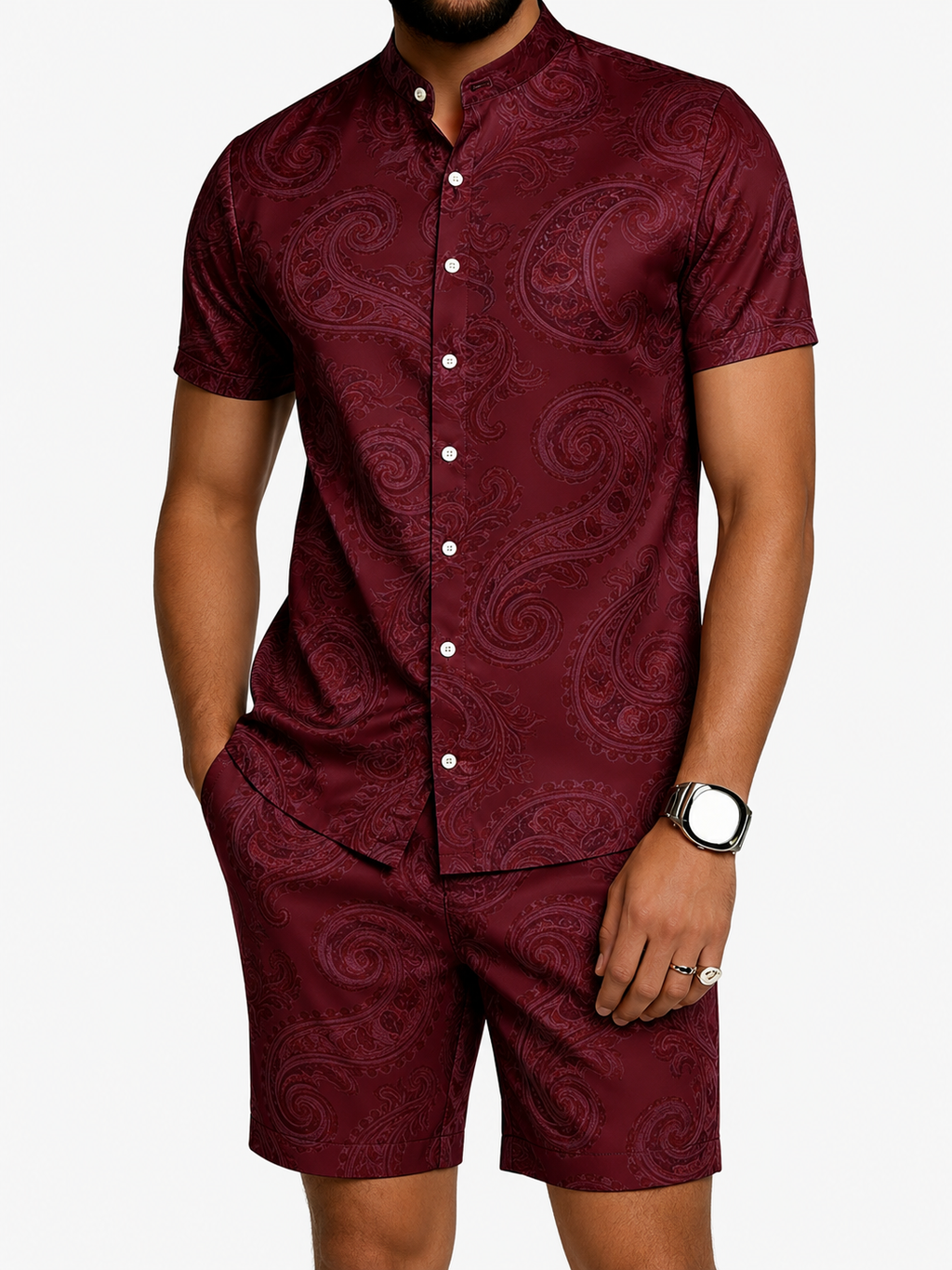 Men's Silver Paisley Short Sleeve Shirt & Shorts Set