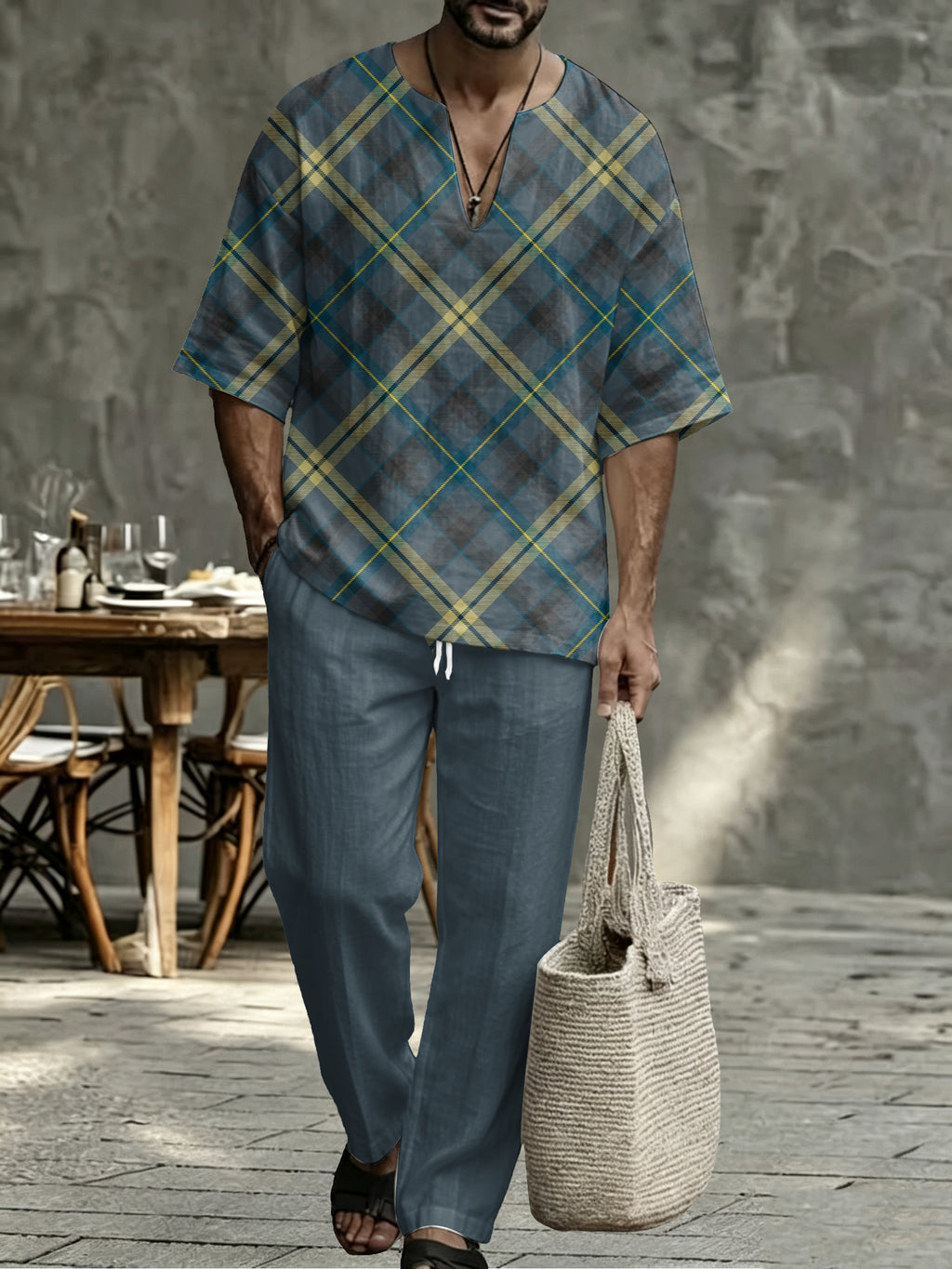 Men’s Plaid V Neck Two Piece Set - Casual Short Sleeve Shirt & Drawstring Pants