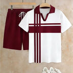 Men's Summer 2026 New Short-Sleeve & Shorts Two-Piece Set – V-Neck with Striped Print Pattern