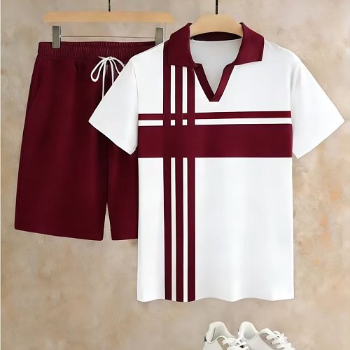 Men's Summer 2026 New Short-Sleeve & Shorts Two-Piece Set – V-Neck with Striped Print Pattern