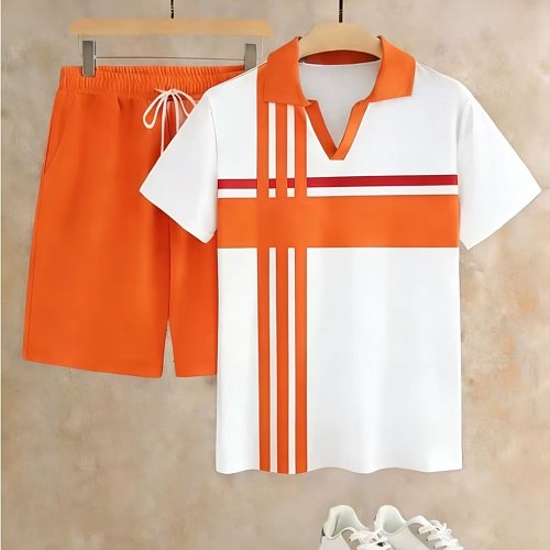 Men's Summer 2026 New Short-Sleeve & Shorts Two-Piece Set – V-Neck with Striped Print Pattern