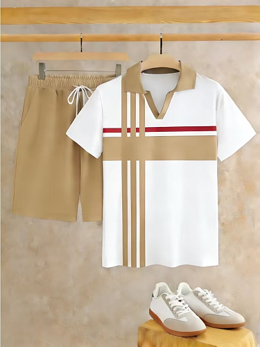 Men's Summer 2026 New Short-Sleeve & Shorts Two-Piece Set – V-Neck with Striped Print Pattern