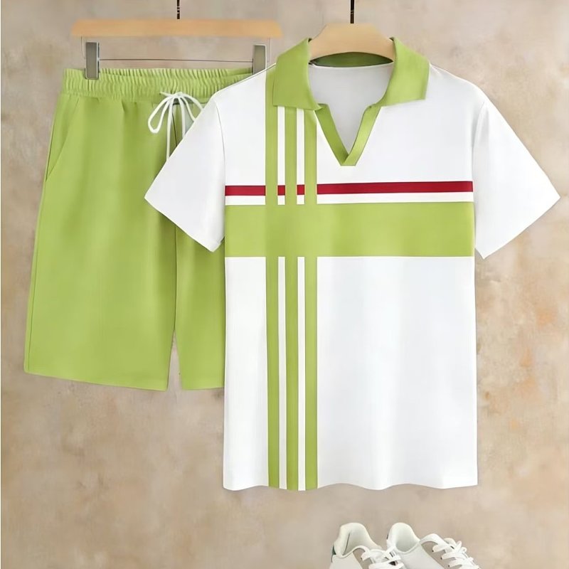 Men's Summer 2026 New Short-Sleeve & Shorts Two-Piece Set – V-Neck with Striped Print Pattern