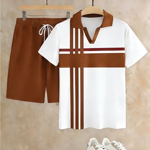 Men's Summer 2026 New Short-Sleeve & Shorts Two-Piece Set – V-Neck with Striped Print Pattern