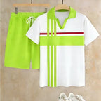 Men's Summer 2026 New Short-Sleeve & Shorts Two-Piece Set – V-Neck with Striped Print Pattern