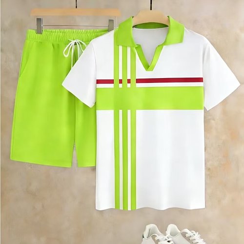 Men's Summer 2026 New Short-Sleeve & Shorts Two-Piece Set – V-Neck with Striped Print Pattern