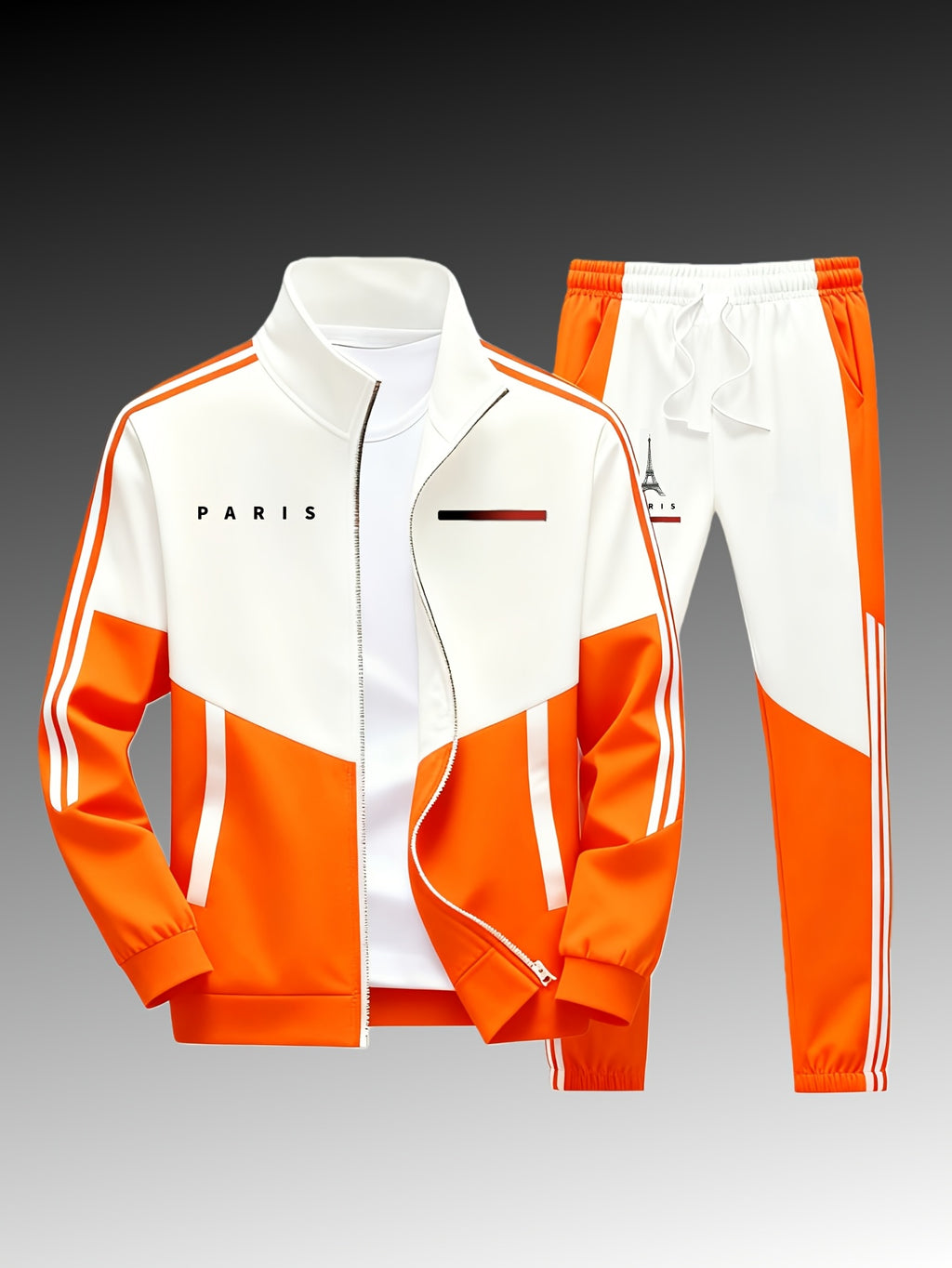 Paris logo tracksuit: Casual sports jacket + jogging pants, suitable for all seasons, featuring a multi-color blocking design.