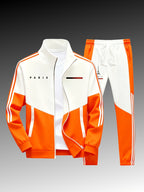 Paris logo tracksuit: Casual sports jacket + jogging pants, suitable for all seasons, featuring a multi-color blocking design.