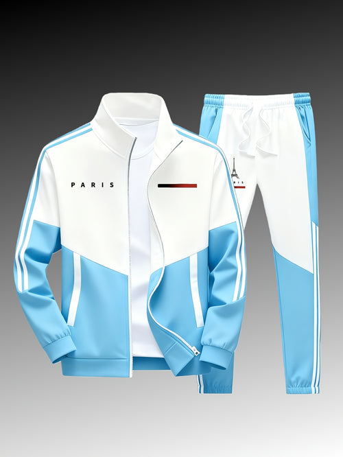 Paris logo tracksuit: Casual sports jacket + jogging pants, suitable for all seasons, featuring a multi-color blocking design.