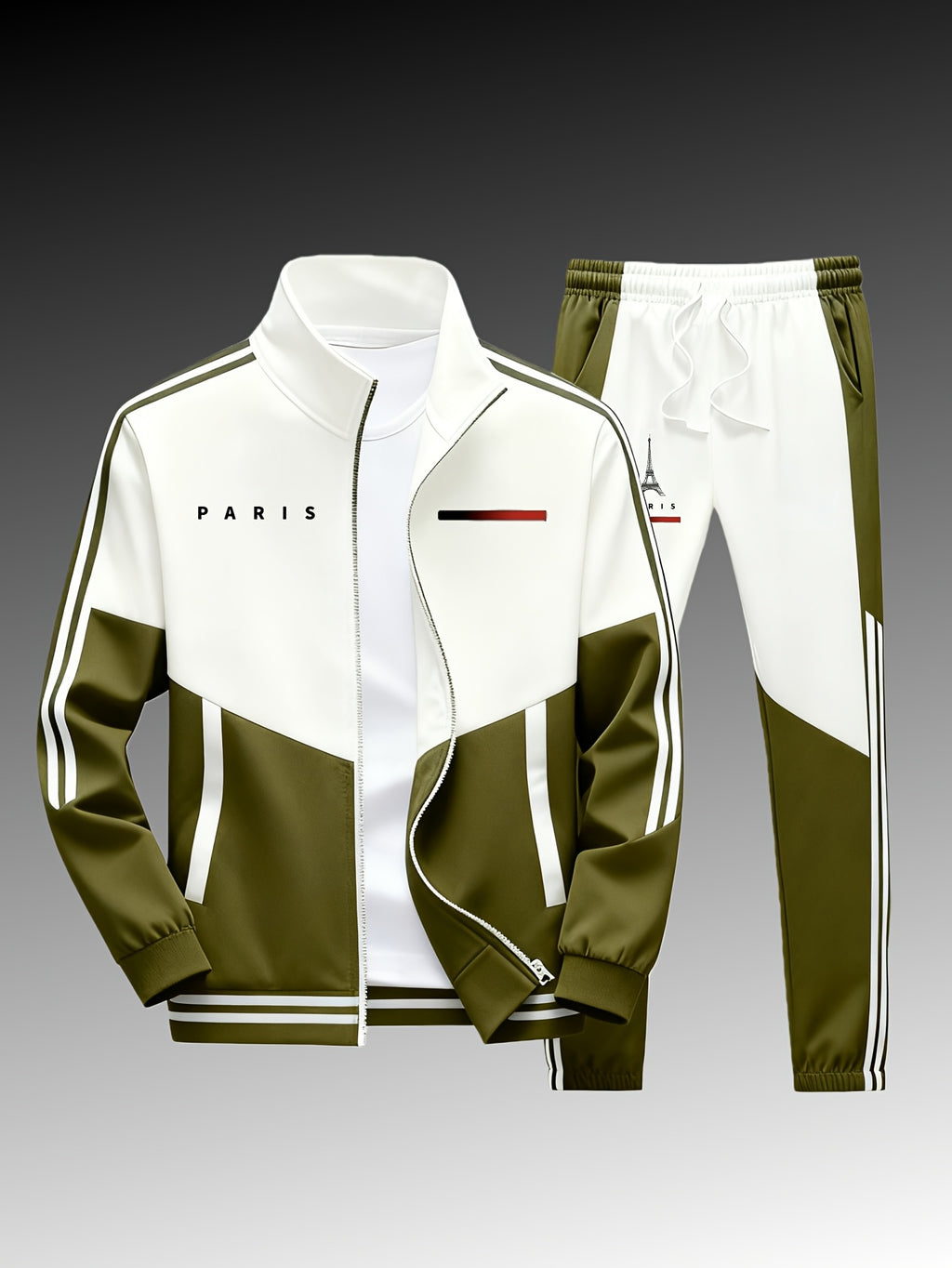 Paris logo tracksuit: Casual sports jacket + jogging pants, suitable for all seasons, featuring a multi-color blocking design.