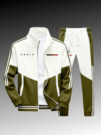 Paris logo tracksuit: Casual sports jacket + jogging pants, suitable for all seasons, featuring a multi-color blocking design.
