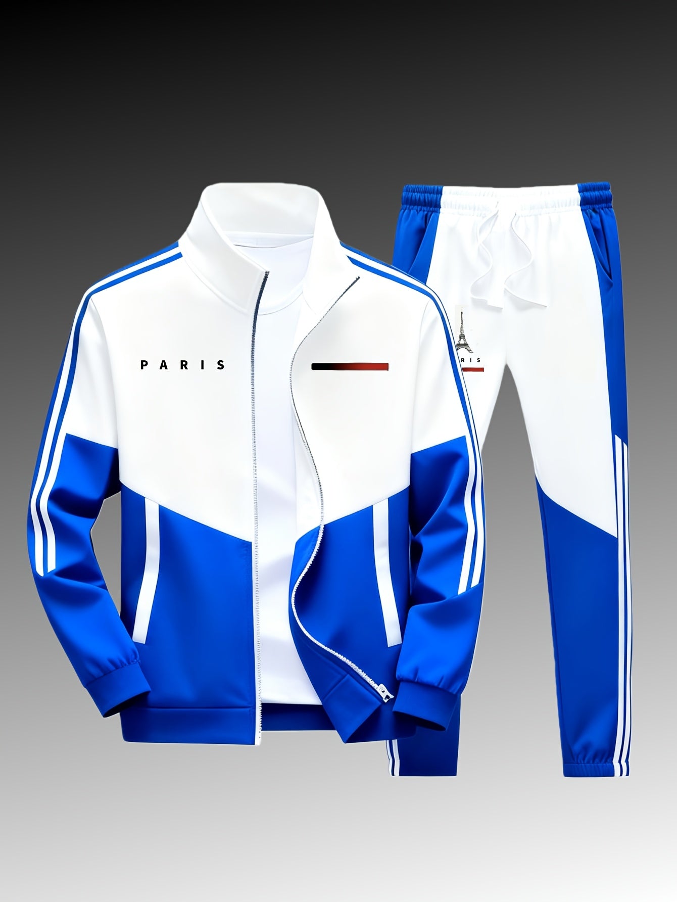 Paris logo tracksuit: Casual sports jacket + jogging pants, suitable for all seasons, featuring a multi-color blocking design.