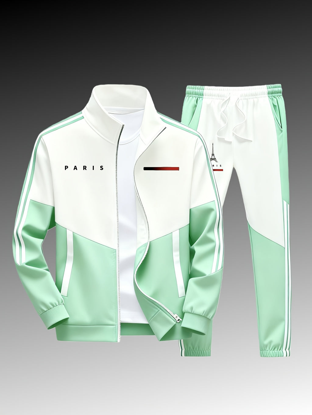 Paris logo tracksuit: Casual sports jacket + jogging pants, suitable for all seasons, featuring a multi-color blocking design.