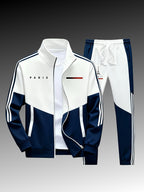 Paris logo tracksuit: Casual sports jacket + jogging pants, suitable for all seasons, featuring a multi-color blocking design.