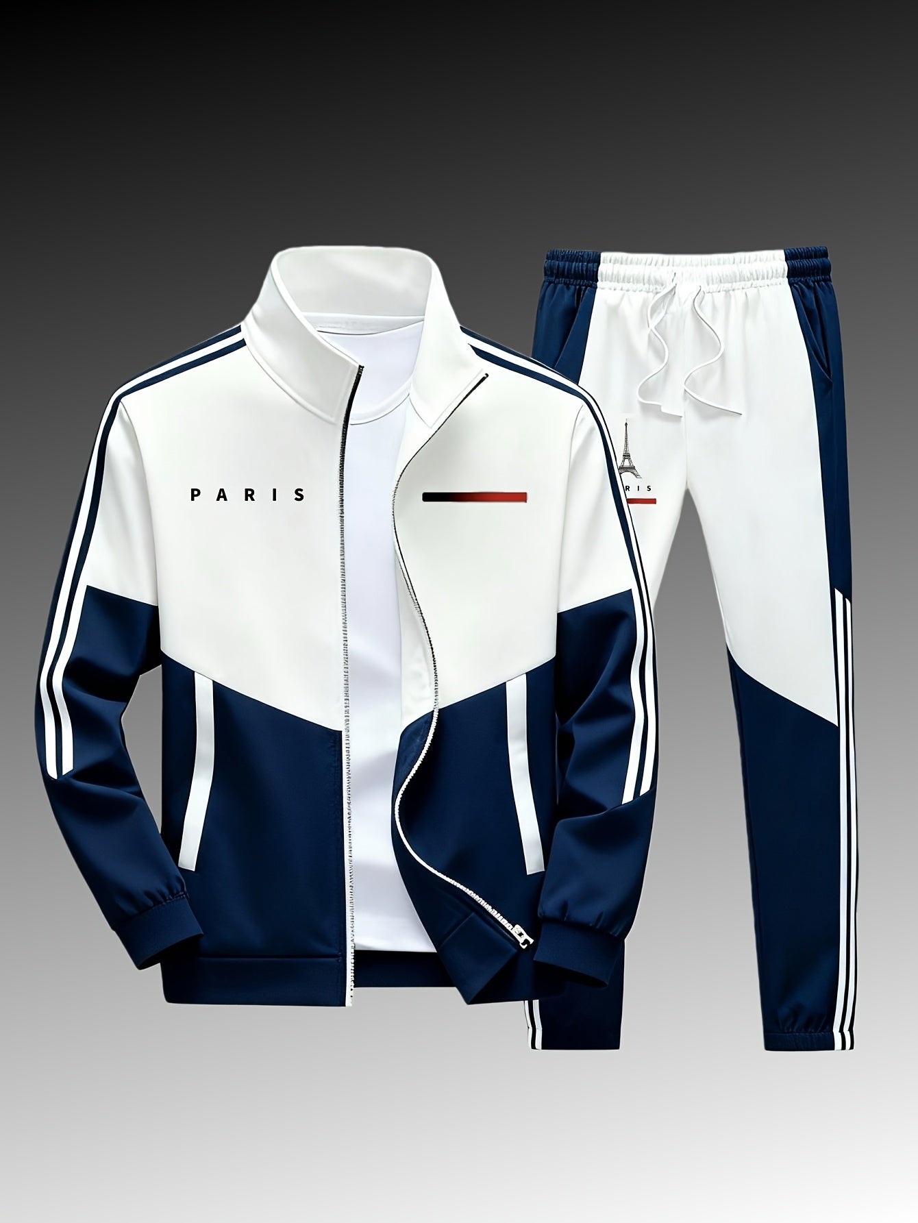 Paris logo tracksuit: Casual sports jacket + jogging pants, suitable for all seasons, featuring a multi-color blocking design.