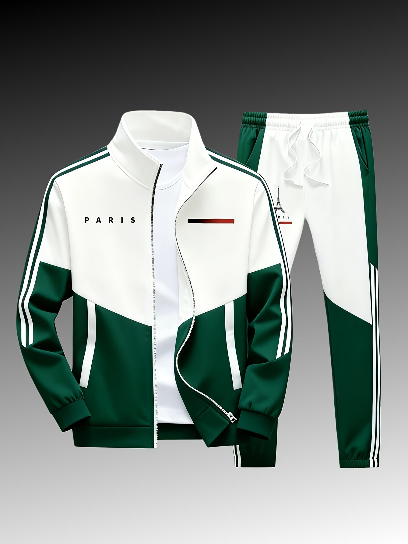 Paris logo tracksuit: Casual sports jacket + jogging pants, suitable for all seasons, featuring a multi-color blocking design.