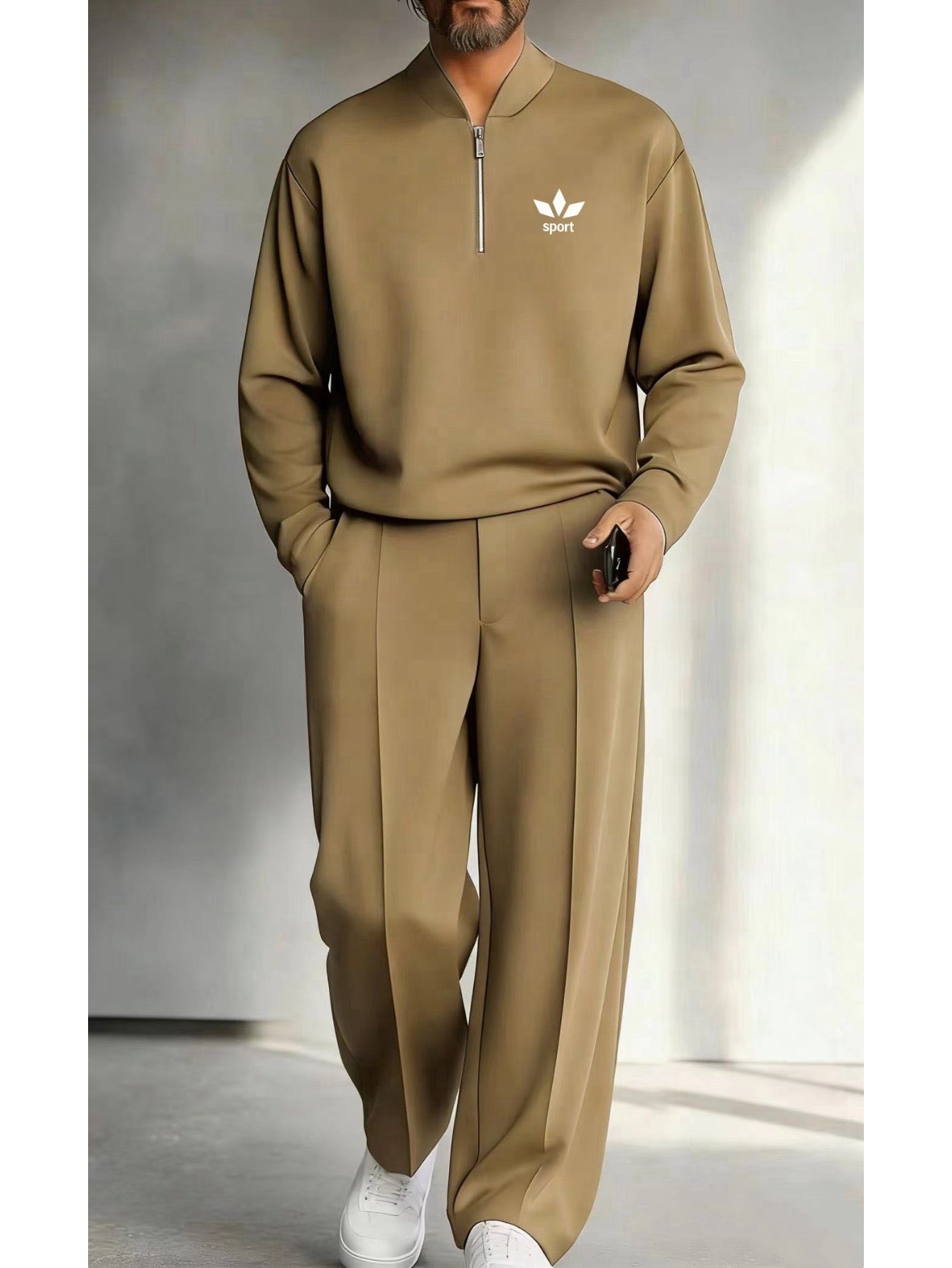 Men's Quarter Zip Pullover &amp; Pleated Pants Set - Smart Casual Two Piece Outfit